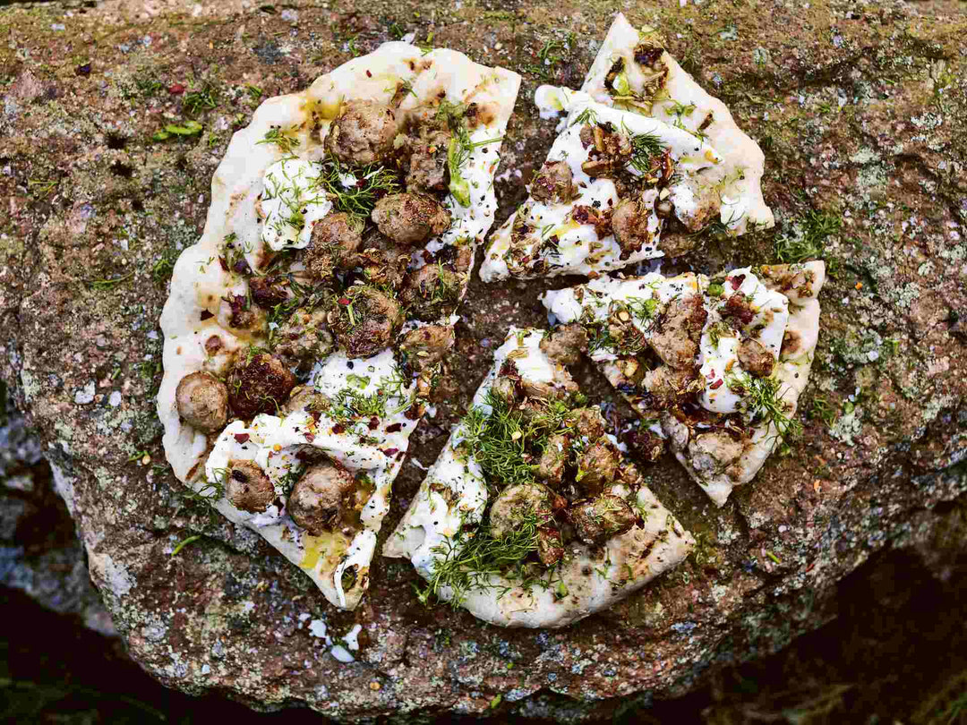 Flatbread with Chilli and Fennel Sausage, Burrata and Herbs