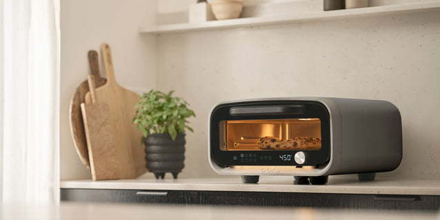 Volt 2 Electric pizza oven side angle. charcoal grey.