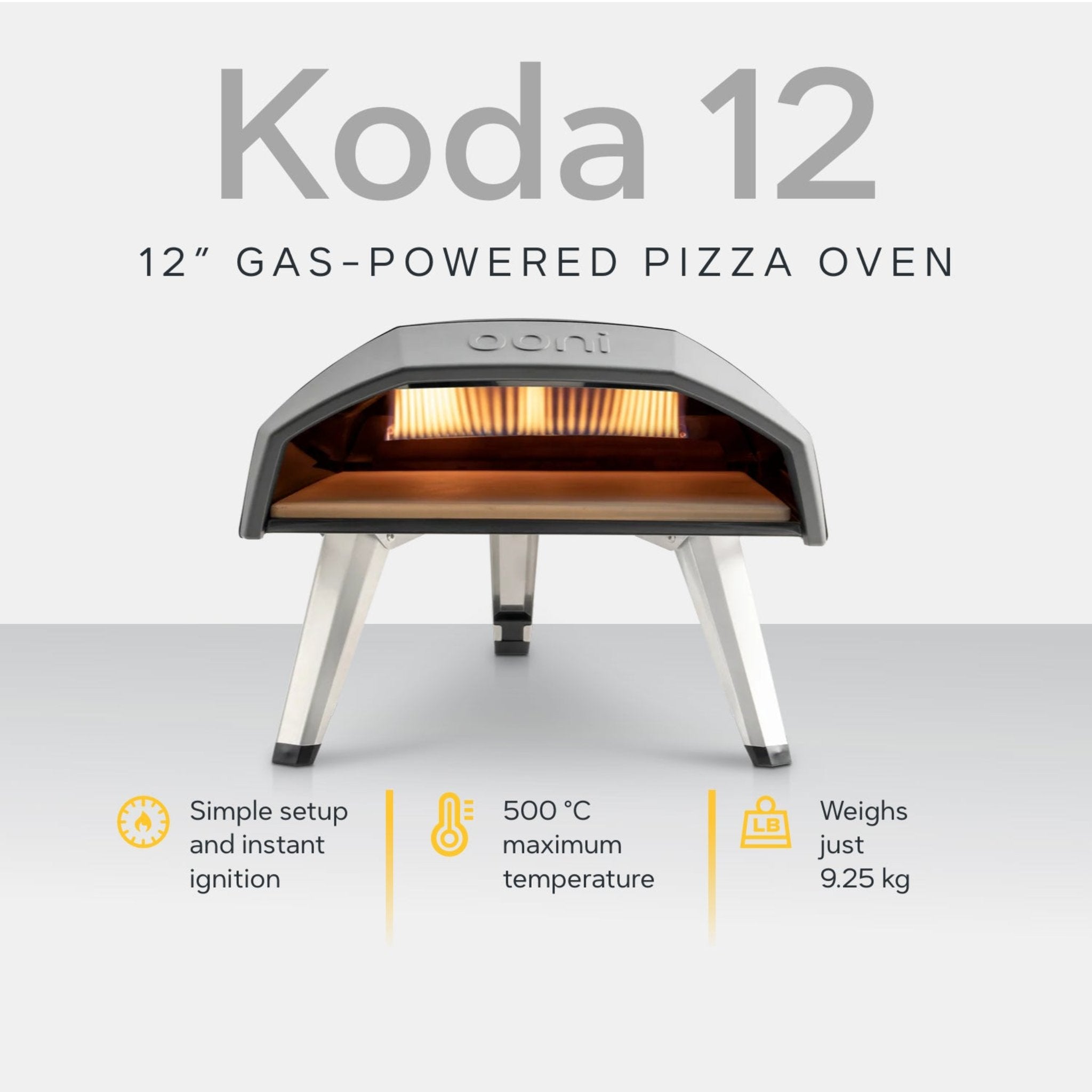 Ooni Koda 12 12" Gas-Powered Pizza Oven with white background and description of key features